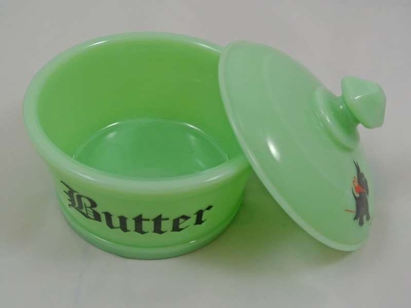 Vintage Jadeite Round Covered Butter Tub with Red Bow Scottie KITCH20002