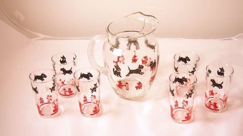 Vintage Federal Glass Scottie Water Pitcher & 6 Matching Tumbler Set GLASS12009