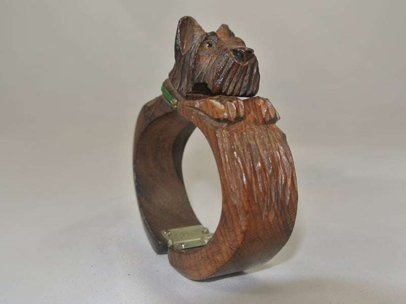 Vintage Wood Hand-Carved Scottie Dog Cuff Bracelet and Matching Dress Clip - Image 8