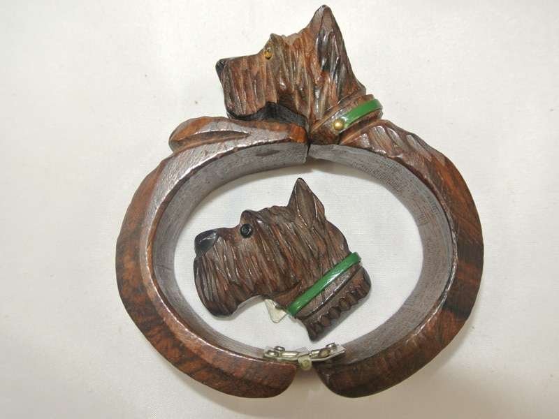 Vintage Wood Hand-Carved Scottie Dog Cuff Bracelet and Matching Dress Clip #2 - A Dogs Tale Collectibles