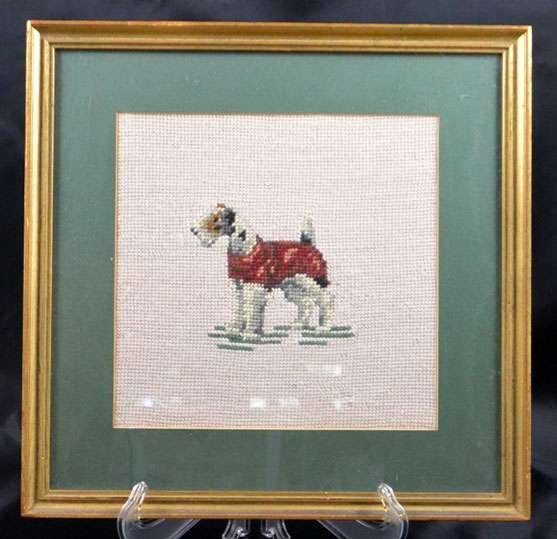 Vintage Needlepoint Wire Haired Fox Terrier Dog Framed c.1940's ART-2113