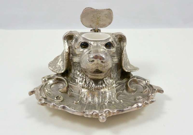 Silverplate Figural Dog Head Inkwell Elkington & Co. c1865 #5 - A Dogs Tale Collectibles