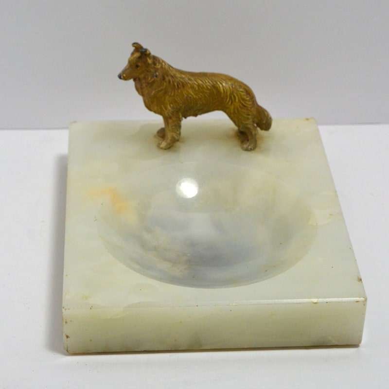 Vintage Alabaster Trinket Dish with Cold- Painted Bronze Collie Dog c. 1920-1930 BRZ-2144