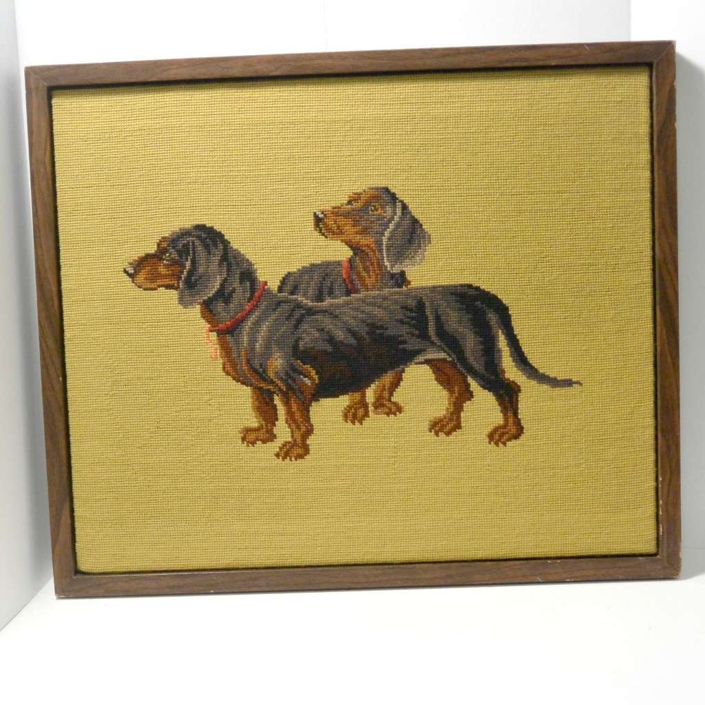 Vintage Needlepoint Dachshund Dog Pair Framed NWRK-2105