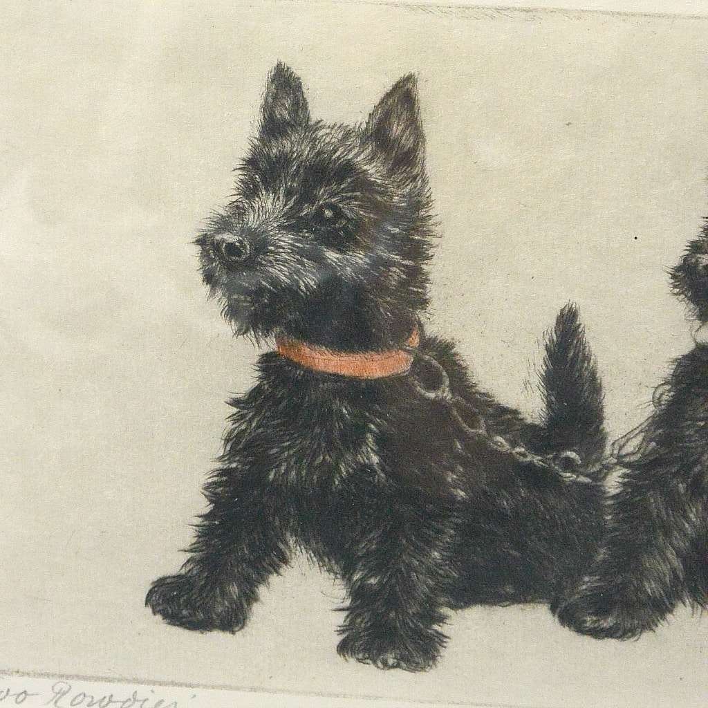 Original Vintage Etching Scottish Terriers M. Plukebaum (1876-1945) ART-J400 #2 - A Dogs Tale Collectibles