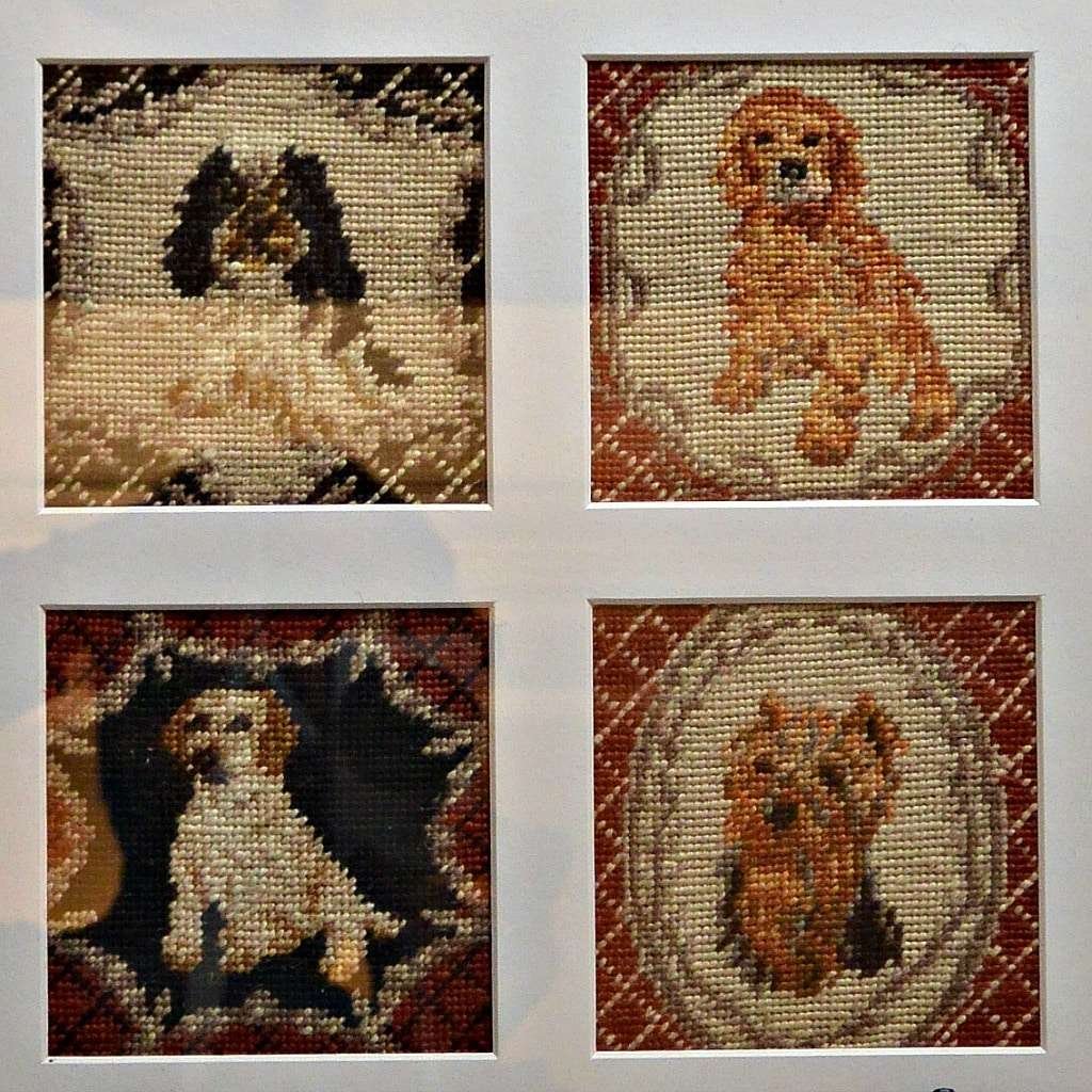 Four Vintage Needlepoint Dog Portraits Framed NWRK-2117