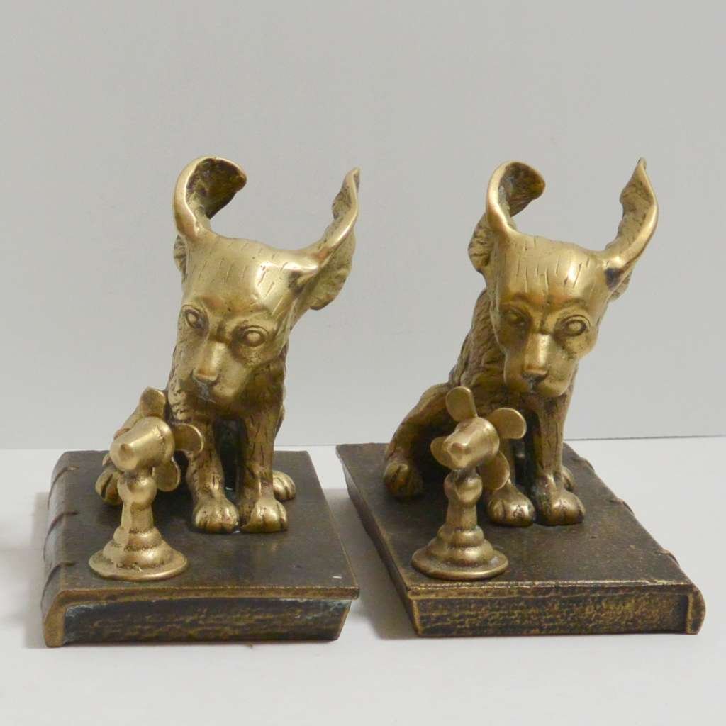 Vintage Brass Dogs with Fans Bookends #2 - A Dogs Tale Collectibles
