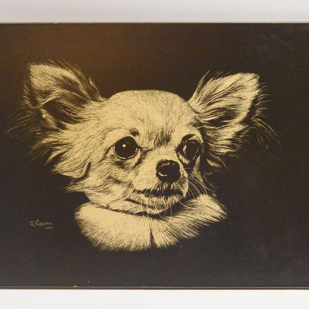 Vintage Chihuahua Dog Etching Artist Signed c.1977 17829