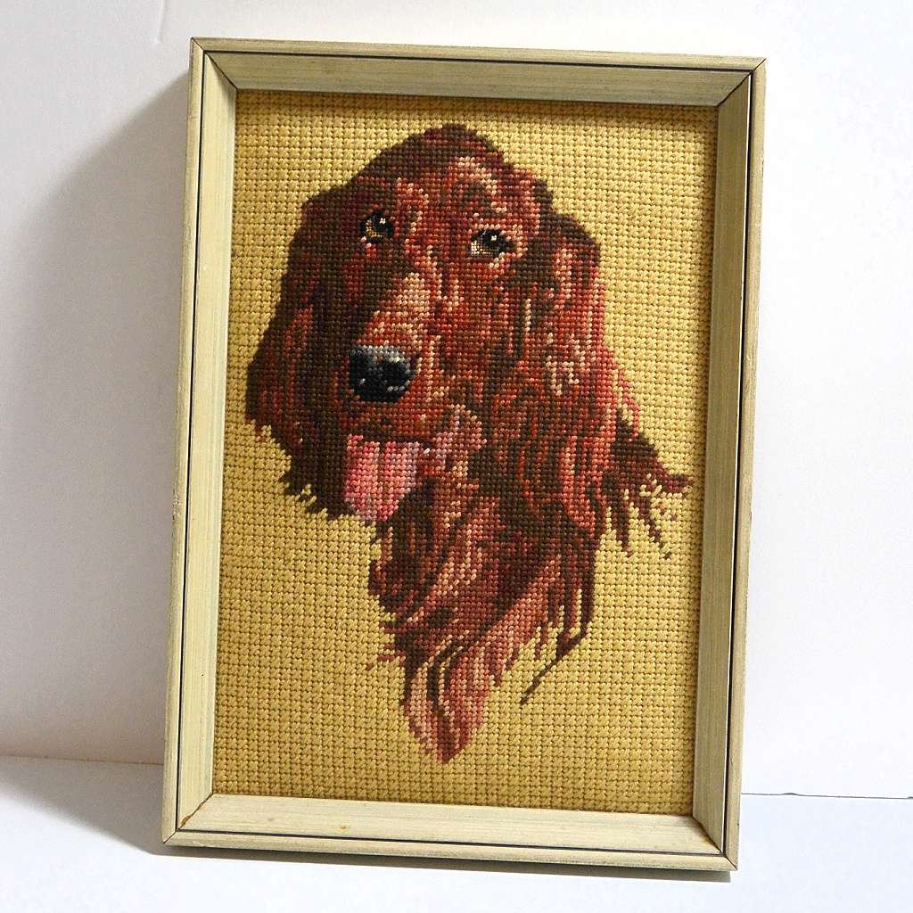 Vintage Needlepoint Irish Setter Dog Framed c.1960's NWRK-2127