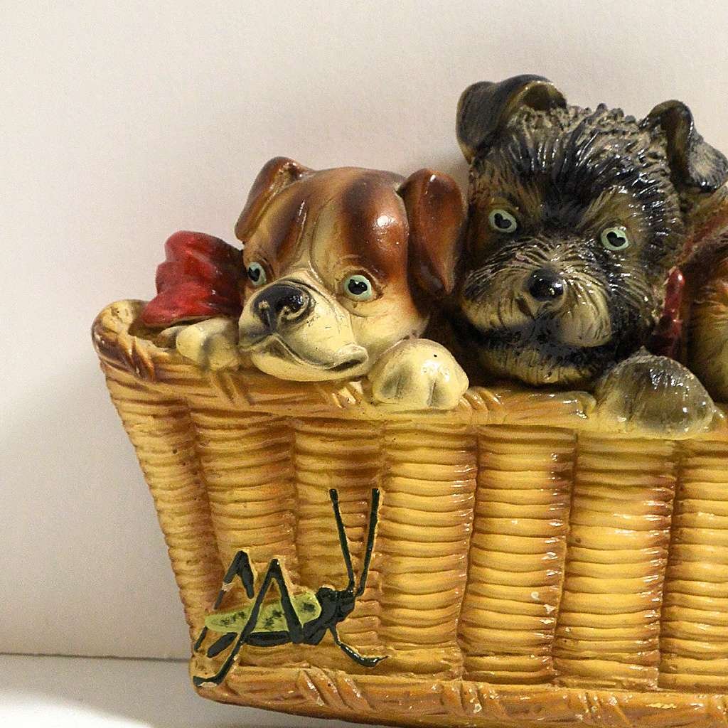 Vintage Chalkware Puppy Dogs in a Basket Plaque #1 - A Dogs Tale Collectibles