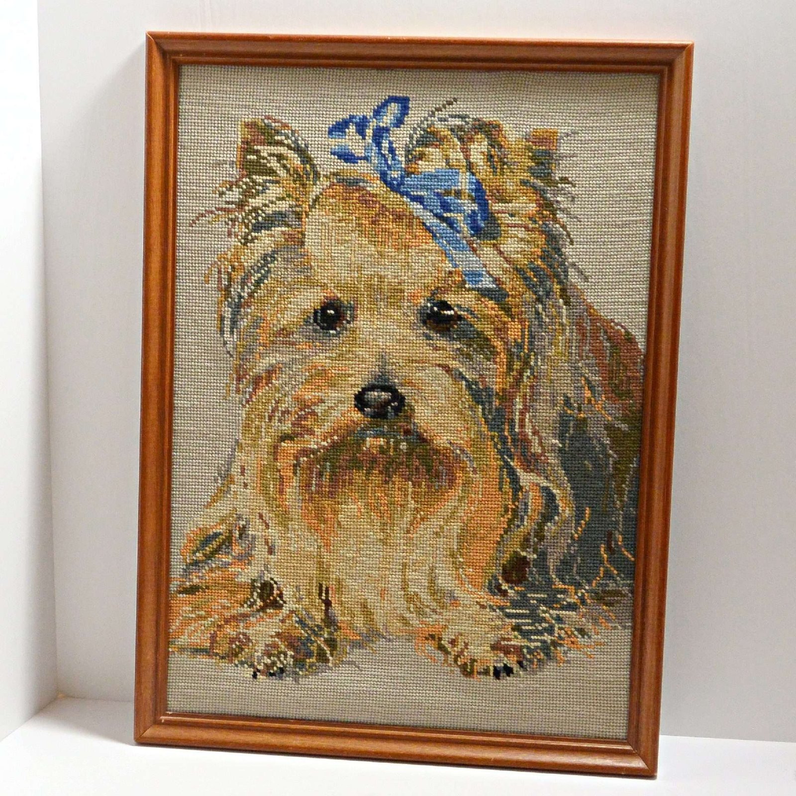 Vintage Needlepoint Yorkshire Terrier Dog Framed