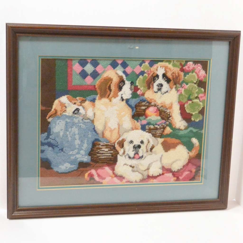 Vintage Needlepoint Saint Bernard Puppies NWRK-2143