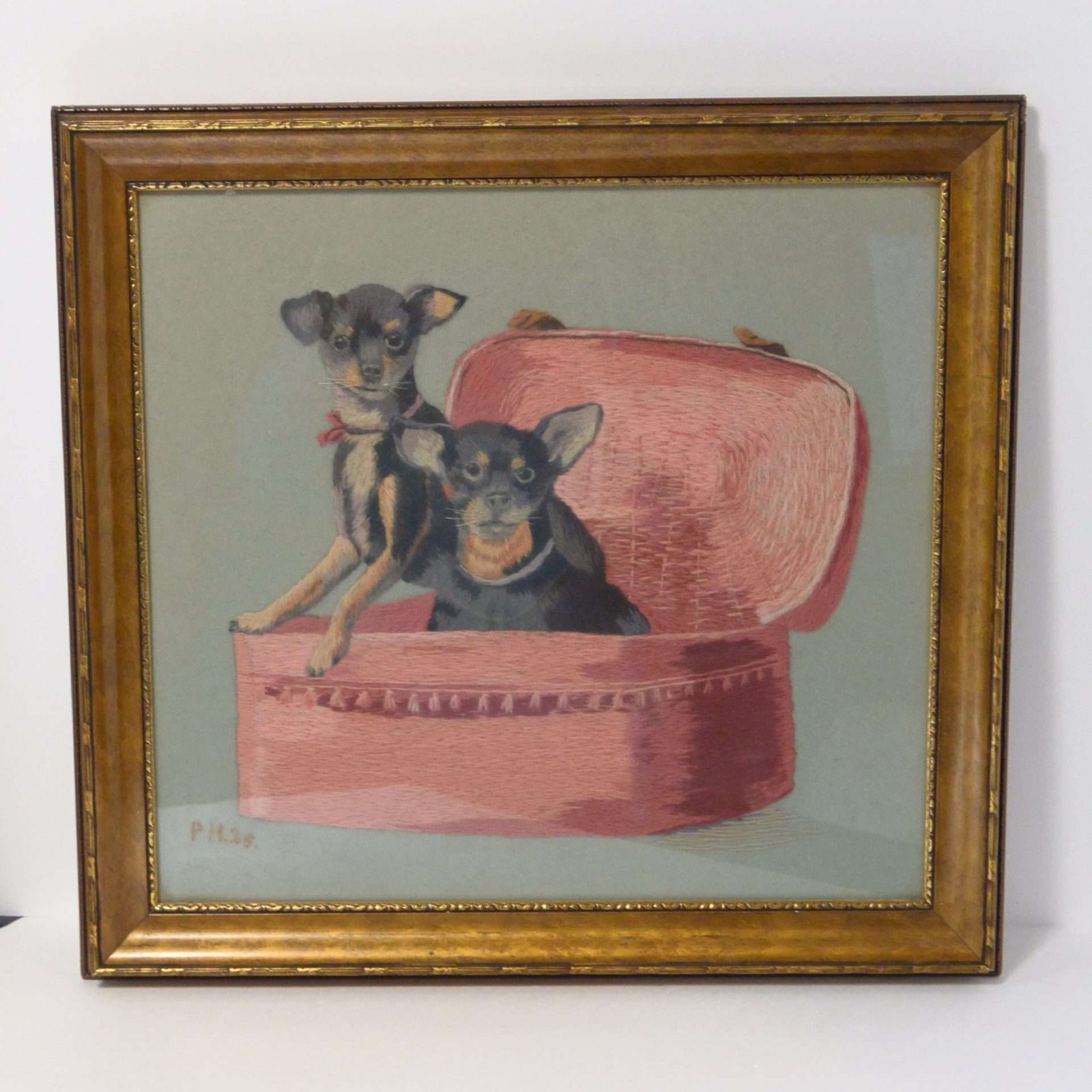 Antique Embroidered Portrait of Two Chihuahuas NWRK-2145