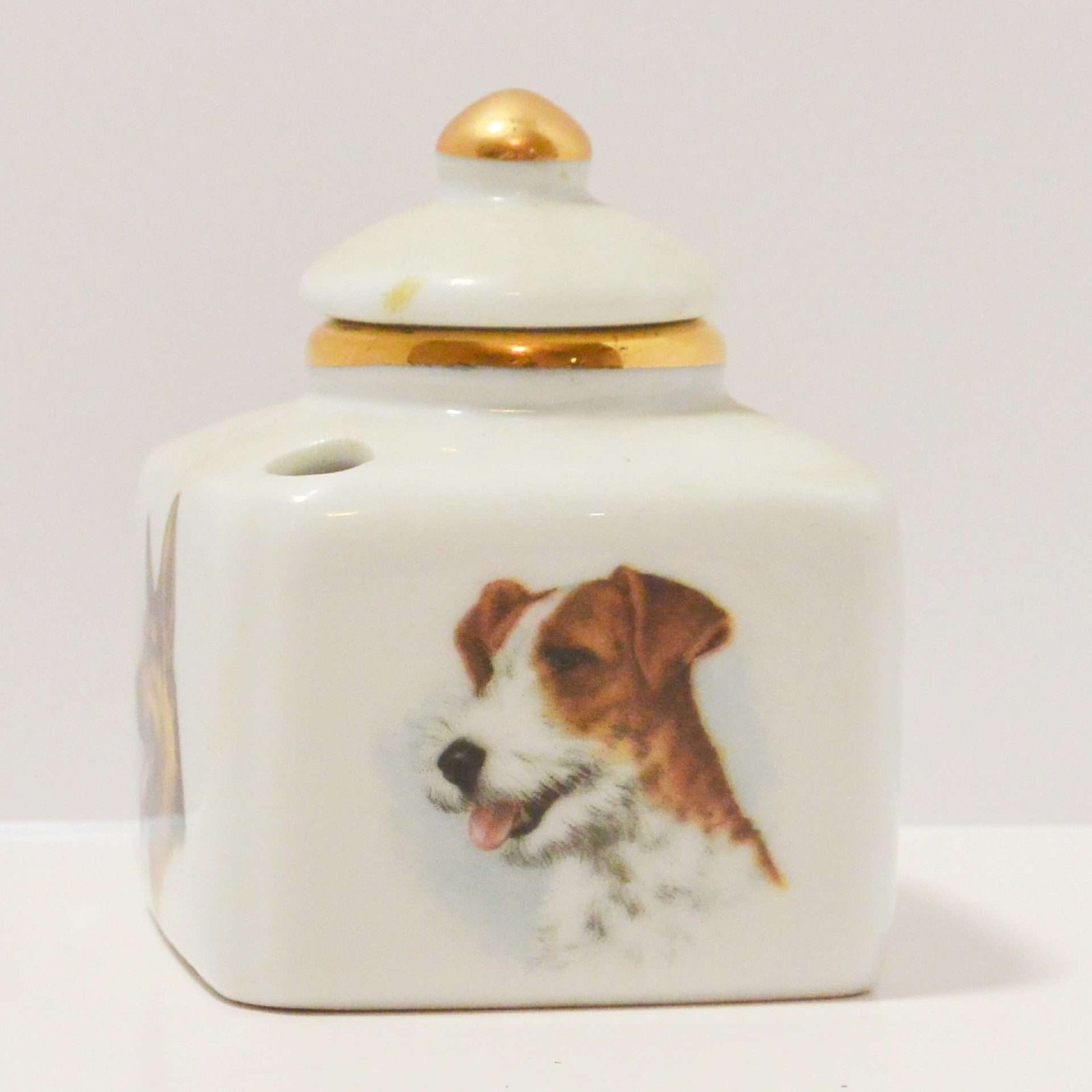Vintage Limoges Porcelain Inkwell with Four Dog Portraits INK-2001
