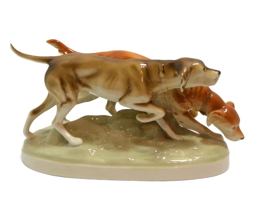 Large Vintage Royal Dux Sporting Dog Pair MINT