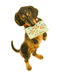 Austrian Bronze Dachshund Dog with Greeting Card