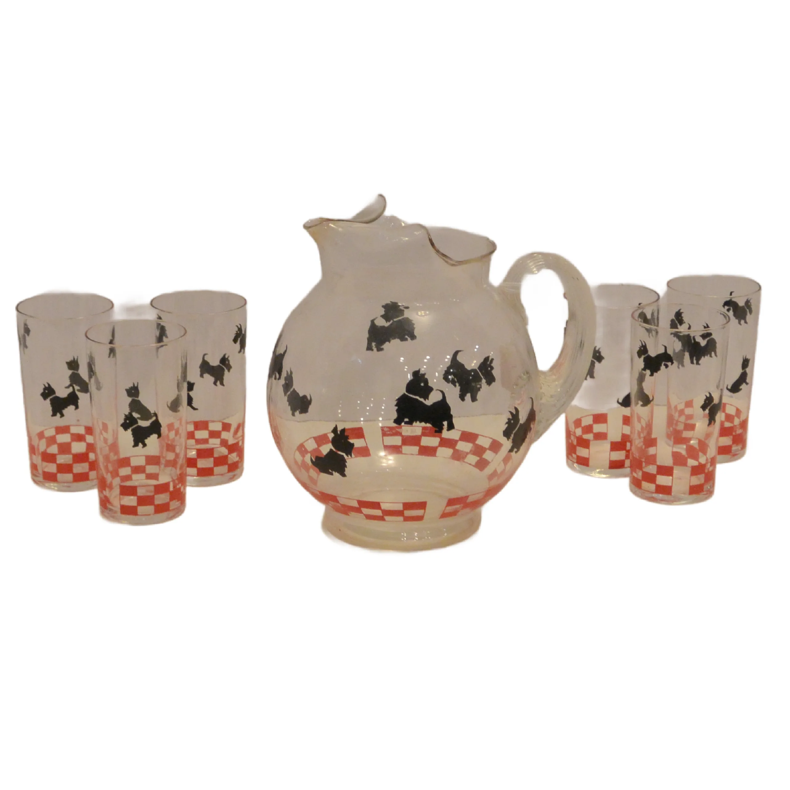 Vintage Federal Glass Scottie Pitcher & 6 Matching Tumbler Set