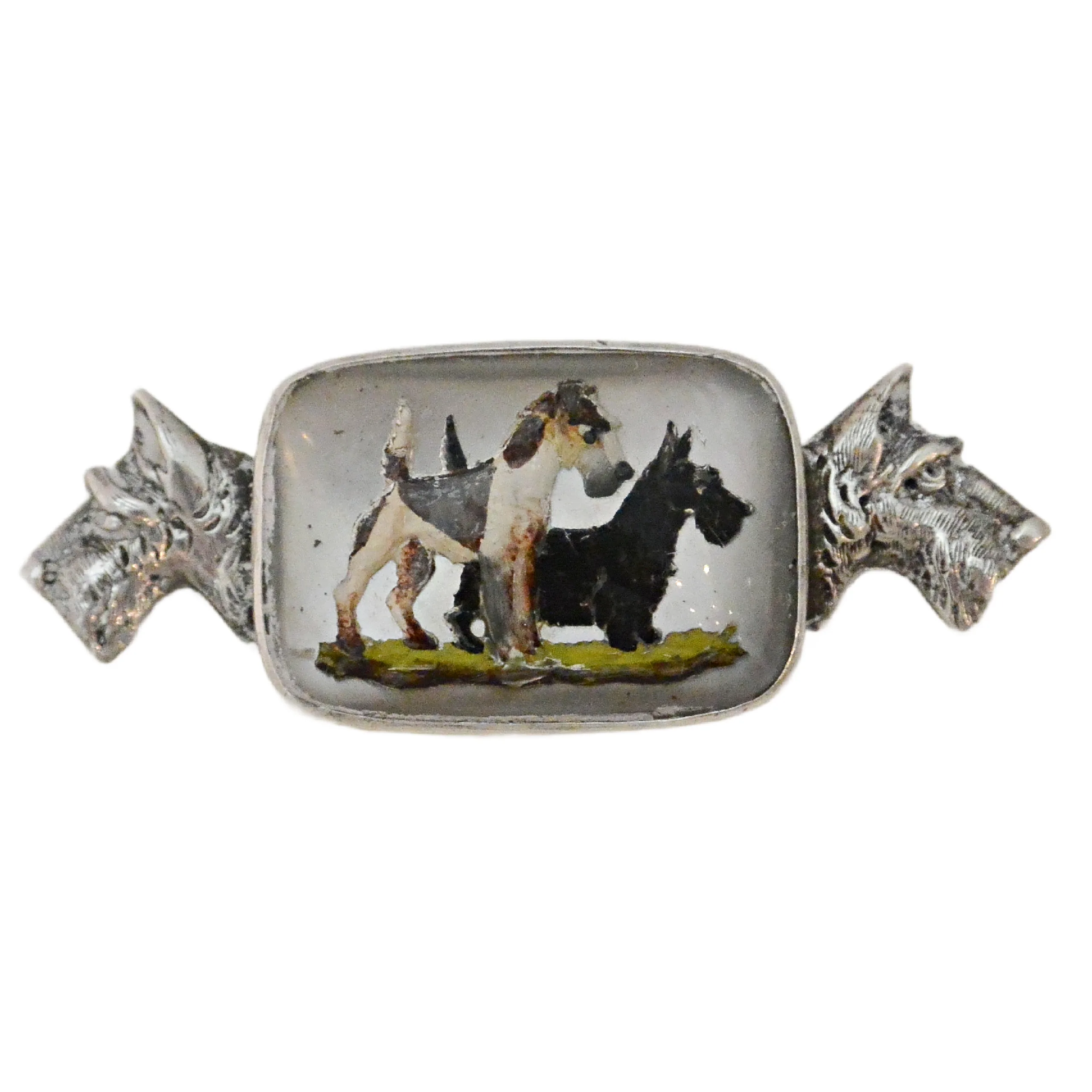 Antique Sterling Silver Essex Crystal Terrier Brooch &ndash; Wire Fox & Scottie Duo c. 1915