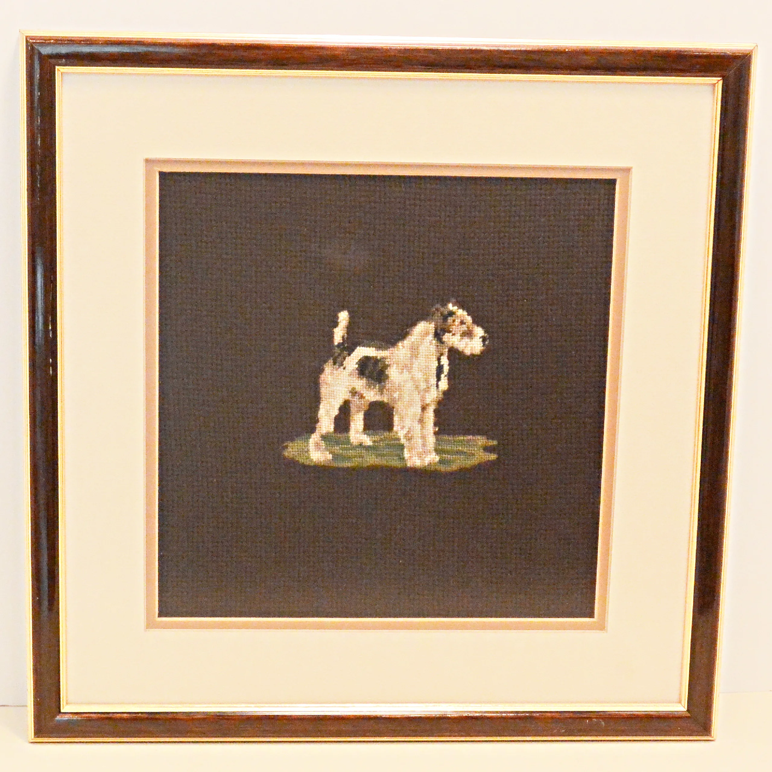 Vintage Petit Point and Needlepoint Wire Haired Fox Terrier Dog Framed