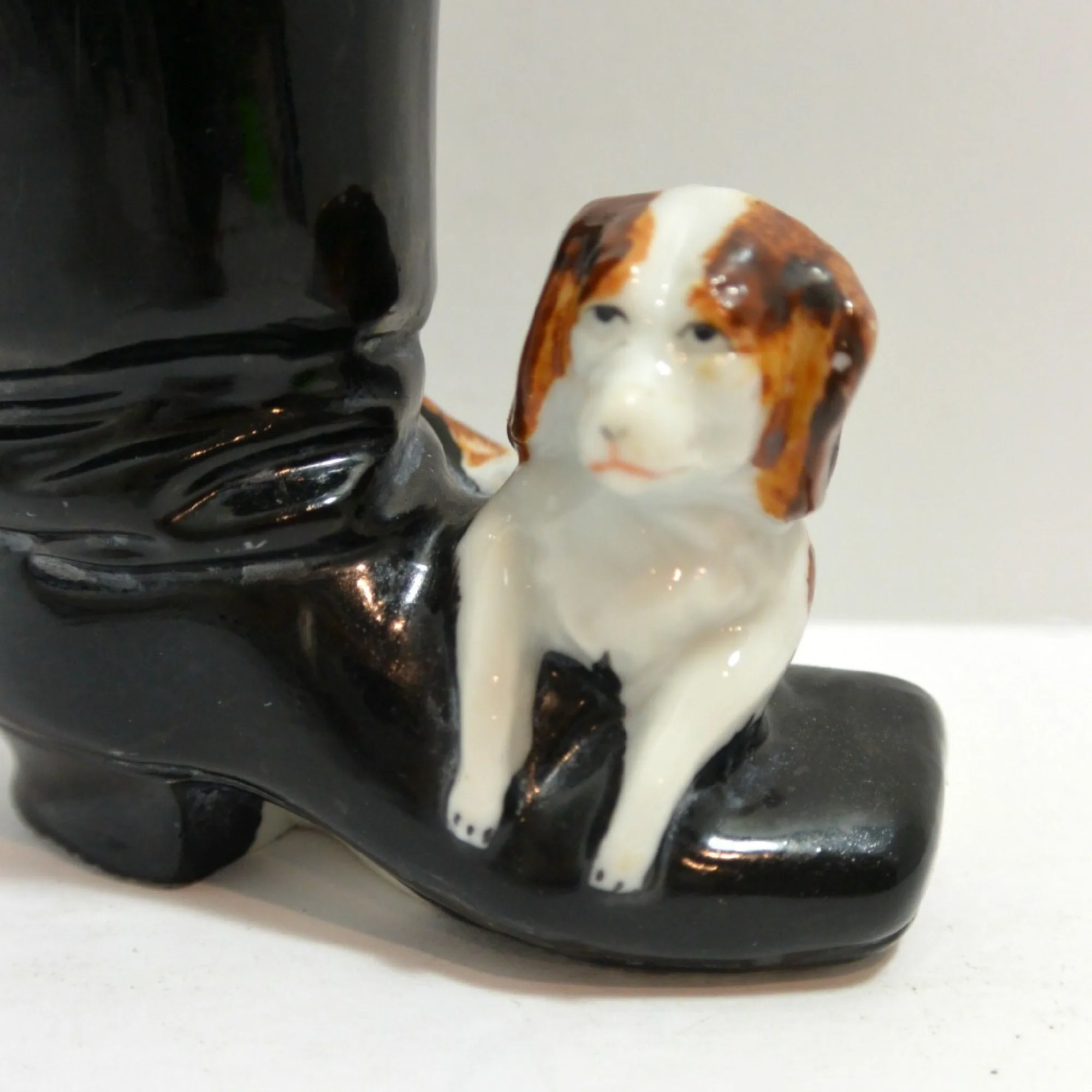 Antique Dresden Porcelain Dog Matchstick Holder, Boot Vase - Image 2