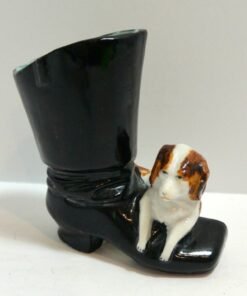 Antique Dresden Porcelain Dog Matchstick Holder, Boot Vase