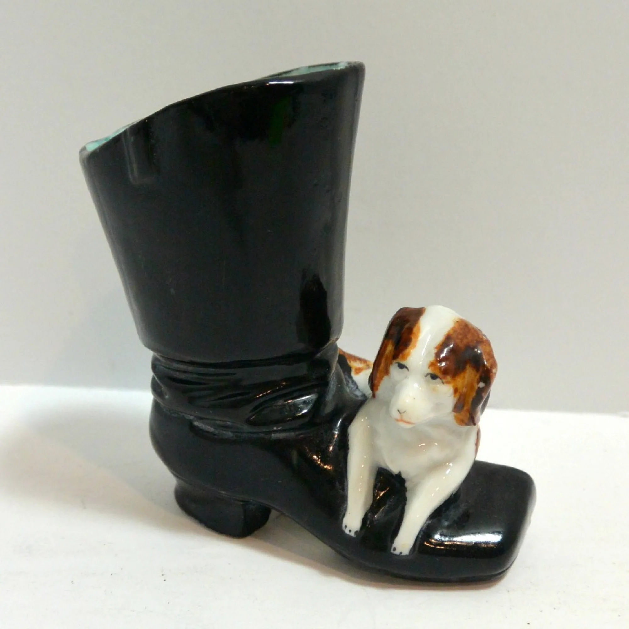 Antique Dresden Porcelain Dog Matchstick Holder, Boot Vase