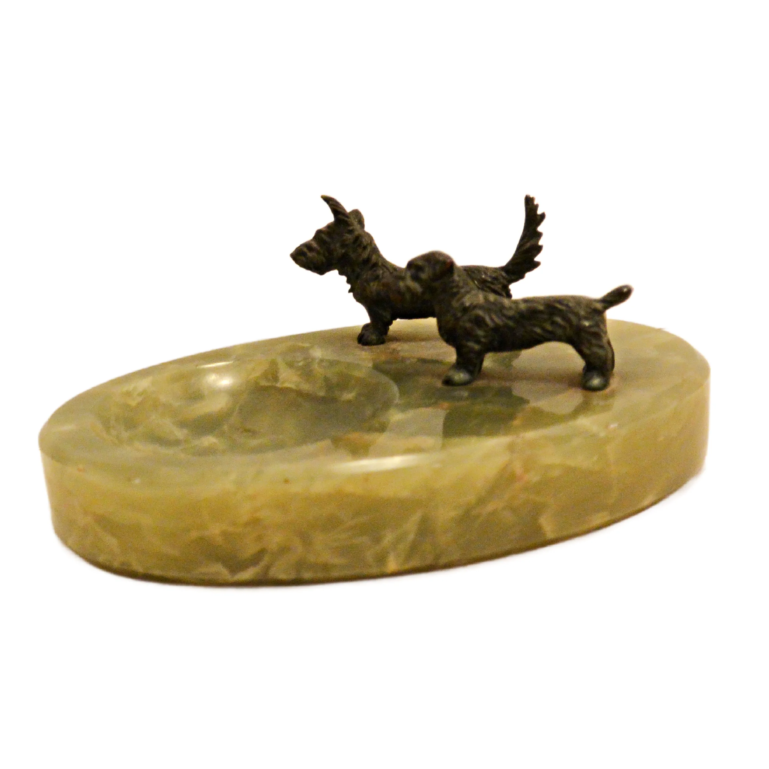 Art Deco Green Onyx & Bronze Double Scottie Tray c. 1930
