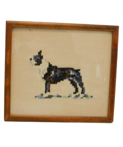 Vintage Hand-Stitched Boston Terrier Dog Portrait in Wood Frame