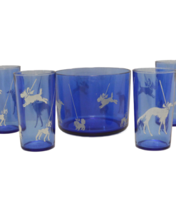 Art Deco Hazel Atlas Cobalt Blue "Dog Show" 5-Piece Barware Set