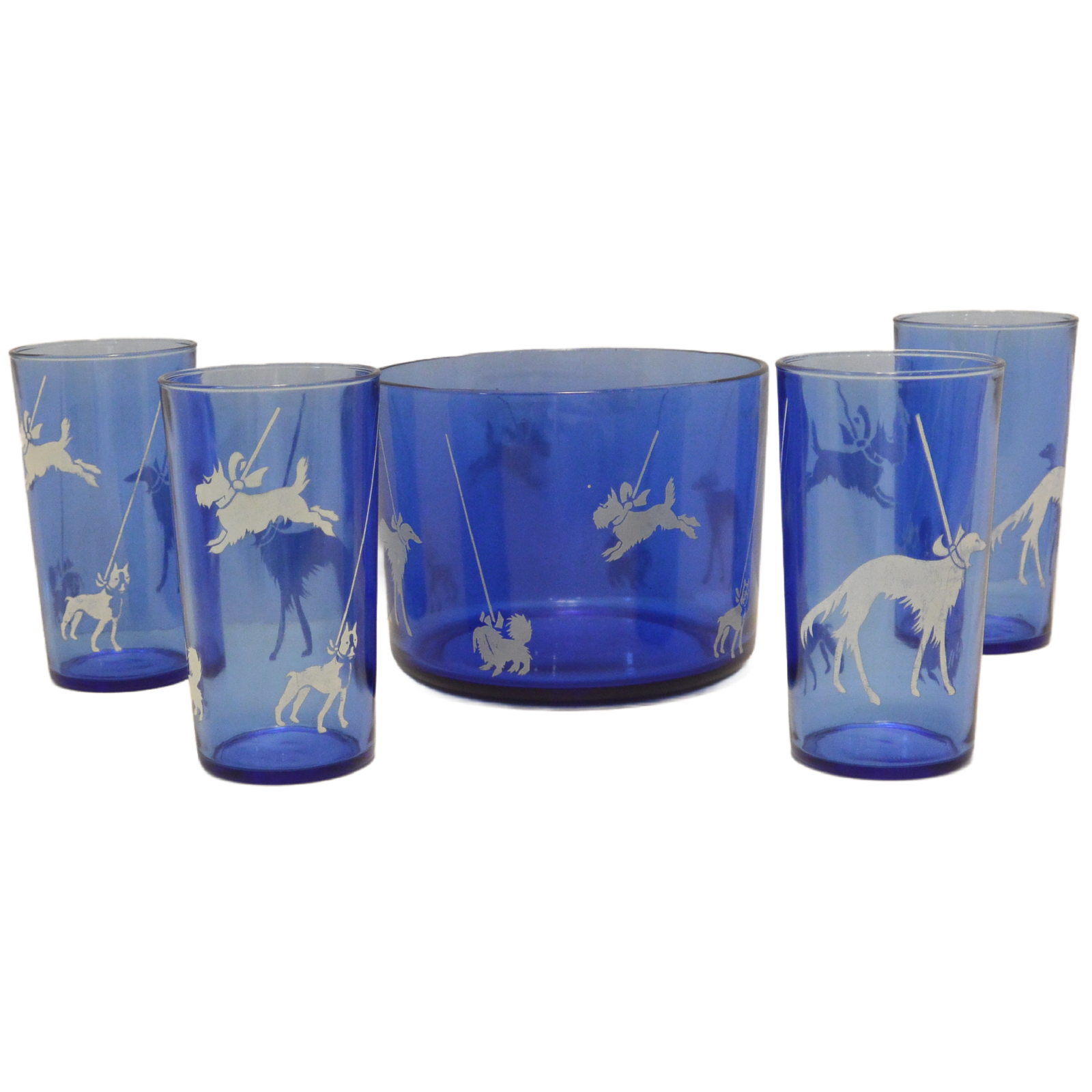 Art Deco Hazel Atlas Cobalt Blue "Dog Show" 5-Piece Barware Set