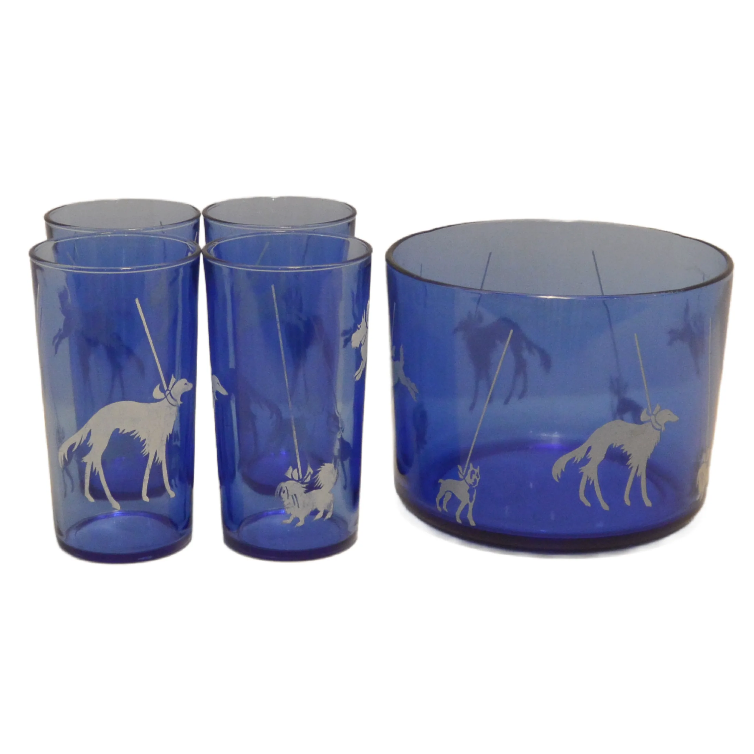 Art Deco Hazel Atlas Cobalt Blue "Dog Show" 5-Piece Barware Set - Image 3