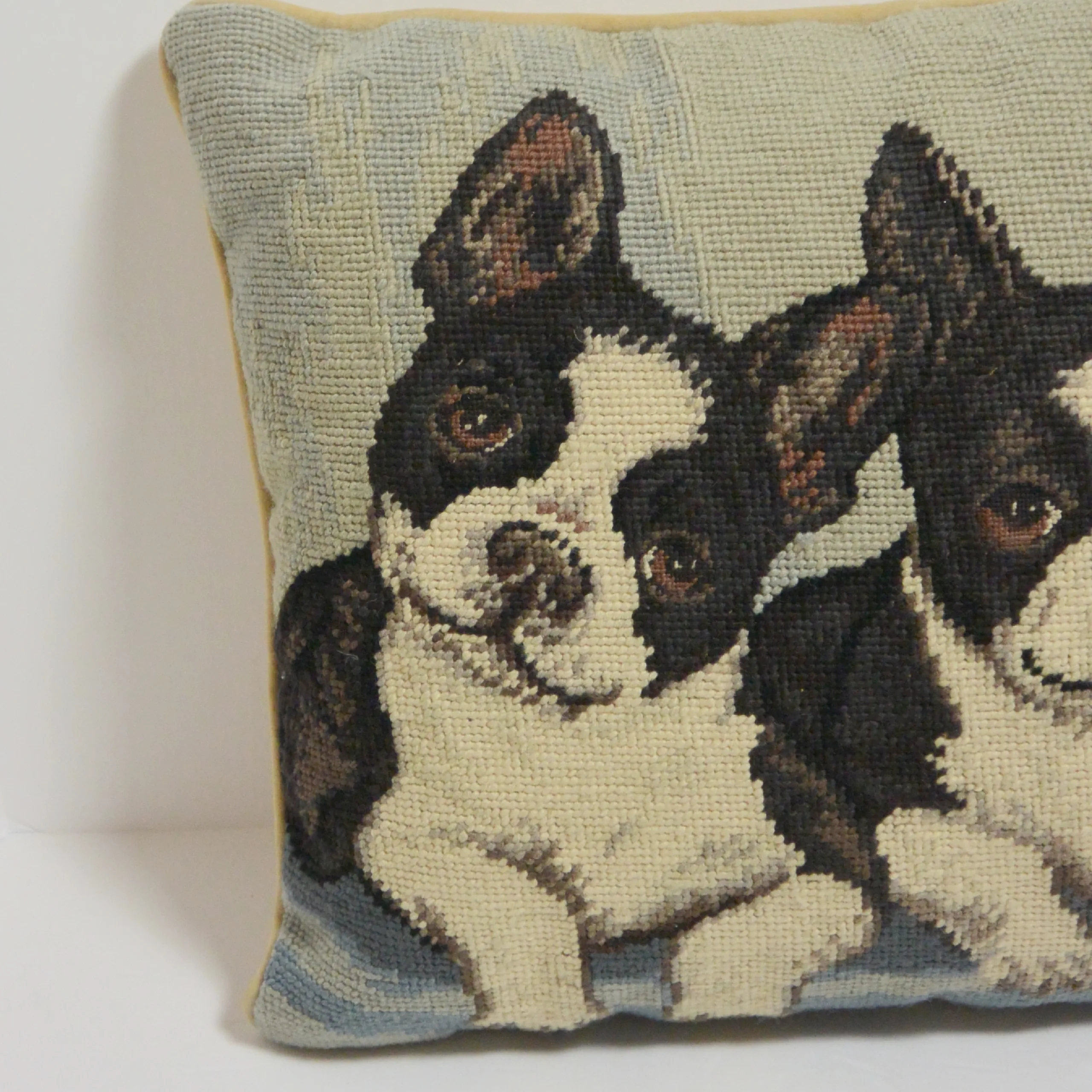 Vintage Boston Terrier Needlepoint Pillow &ndash; Hand-Stitched Wool Dog Portrait &ndash; 9.5" Square - Image 3