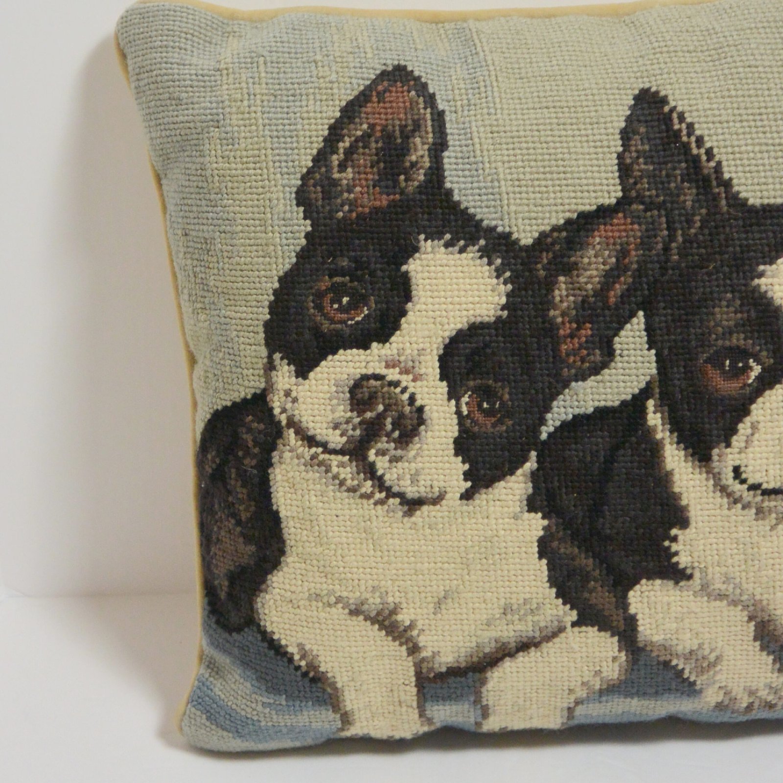 Vintage Boston Terrier Needlepoint Pillow – Hand-Stitched Wool Dog Portrait – 9.5" Square - Image 3