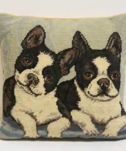 Vintage Boston Terrier Needlepoint Pillow &ndash; Hand-Stitched Wool Dog Portrait &ndash; 9.5" Square