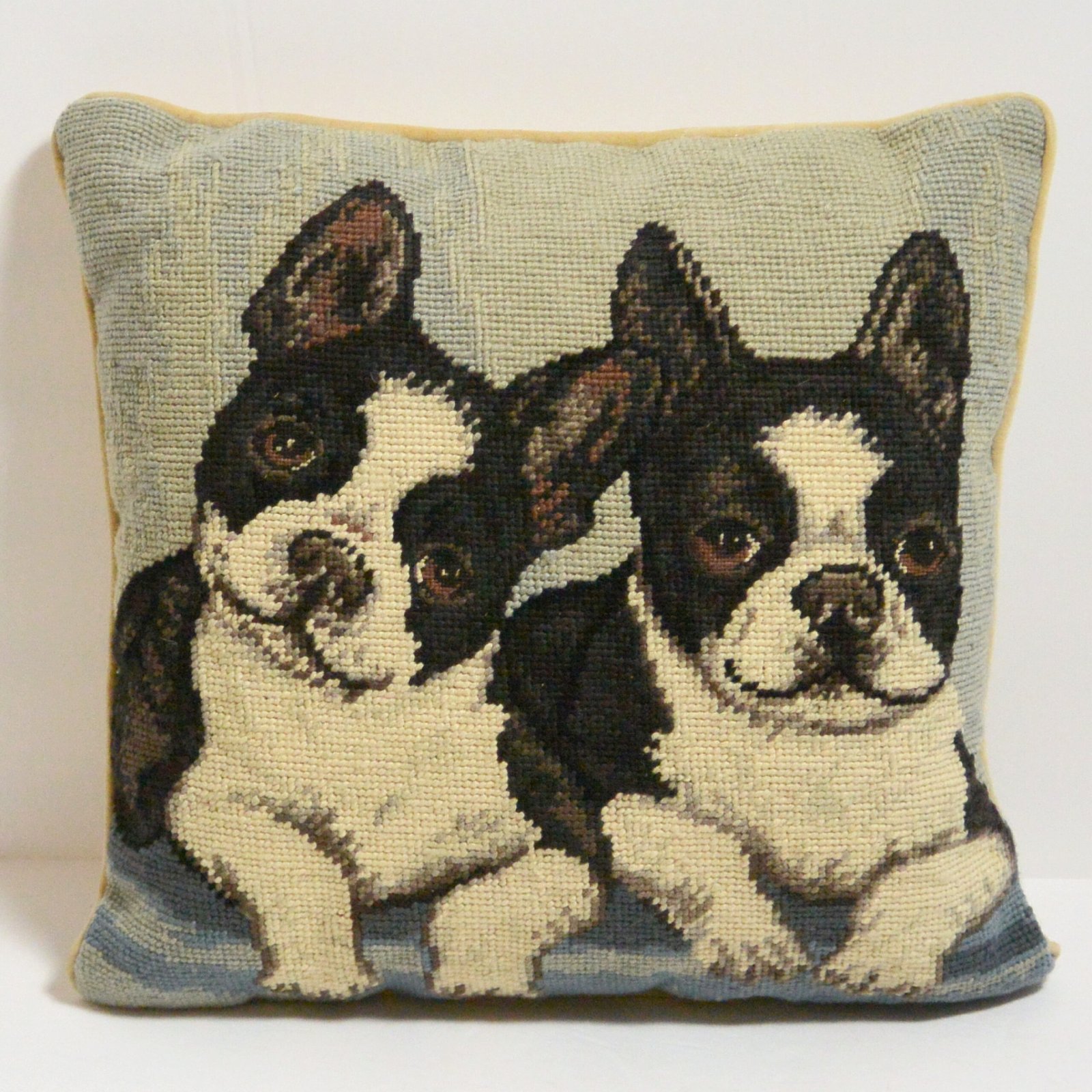 Vintage Boston Terrier Needlepoint Pillow – Hand-Stitched Wool Dog Portrait – 9.5" Square