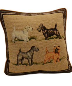 Vintage Wool "Four Terriers" Needlepoint & Petite Point Pillow