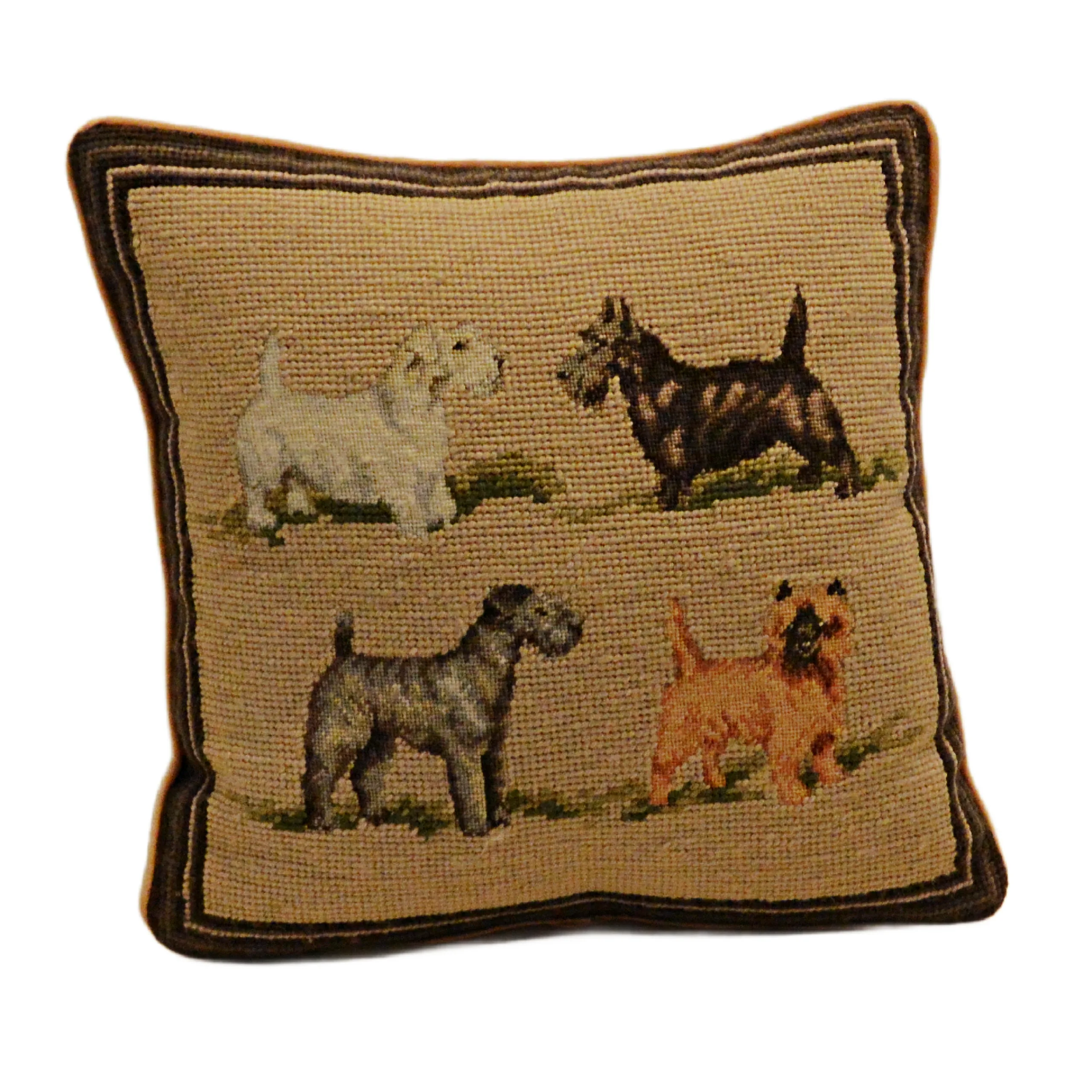 Vintage Wool "Four Terriers" Needlepoint & Petit Point Pillow