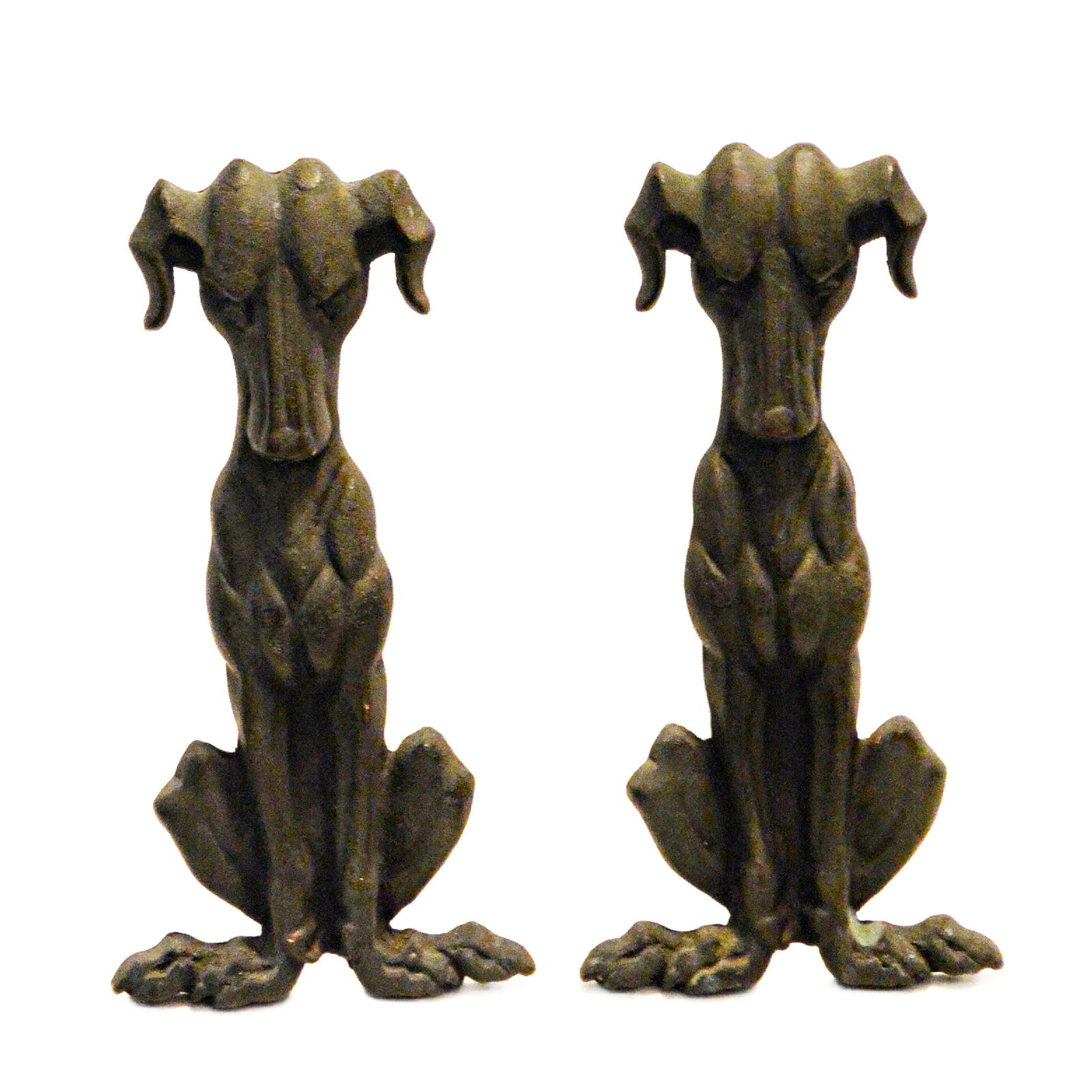 Art Deco Greyhound Cast Iron Andirons – Authentic 1930s Streamline Pair