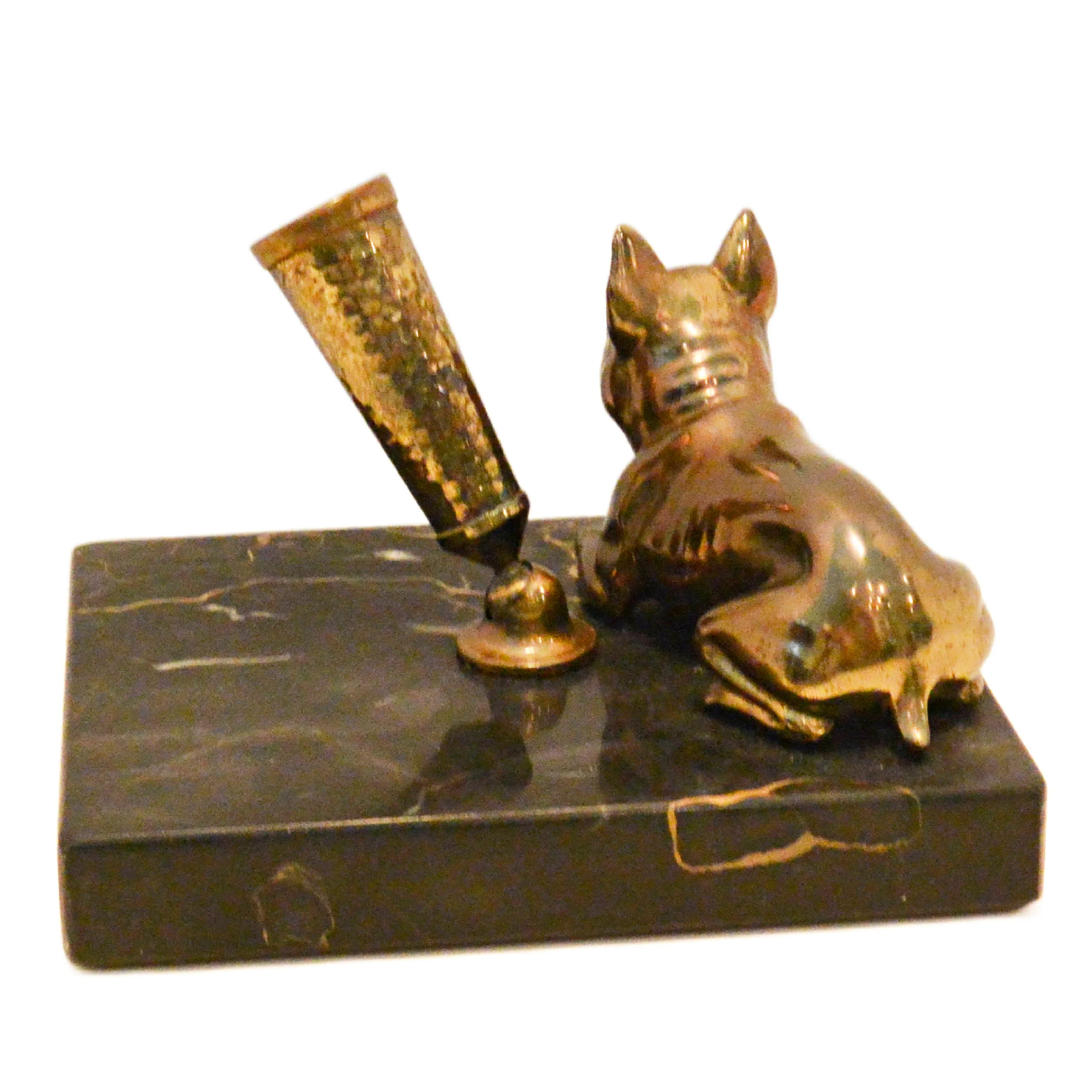 Vintage Solid Brass French Bulldog Pen Stand on Italian Portoro Gold Marble Base - Image 4