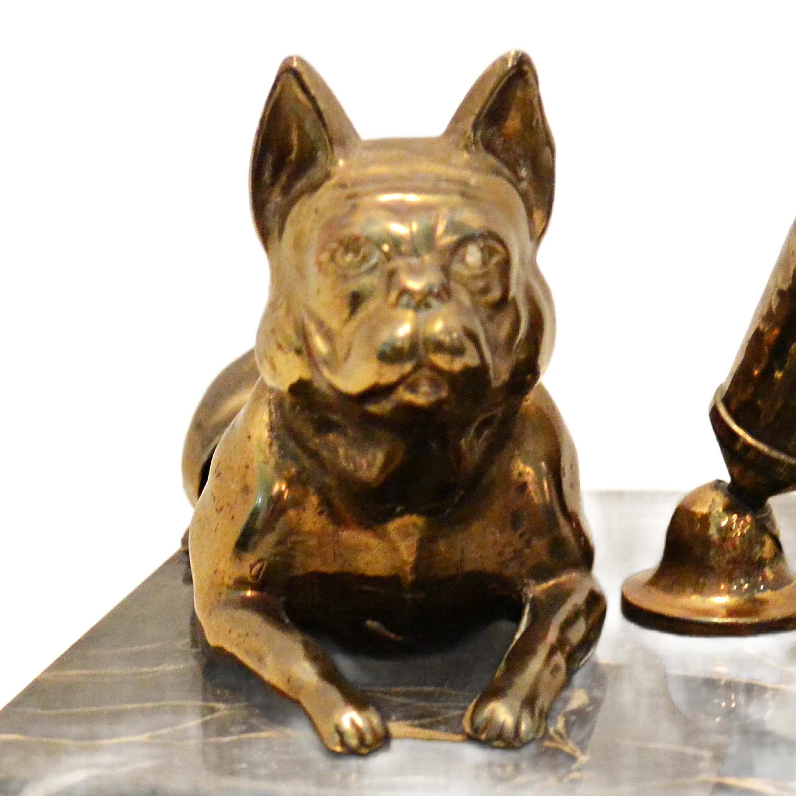 Vintage Solid Brass French Bulldog Pen Stand on Italian Portoro Gold Marble Base - Image 3