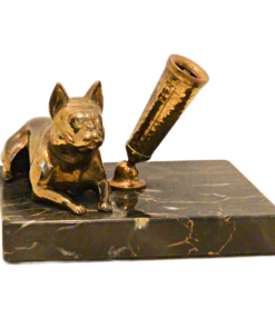 Alternative view of Vintage Solid Brass French Bulldog Pen Stand on Italian Portoro Gold Marble Base