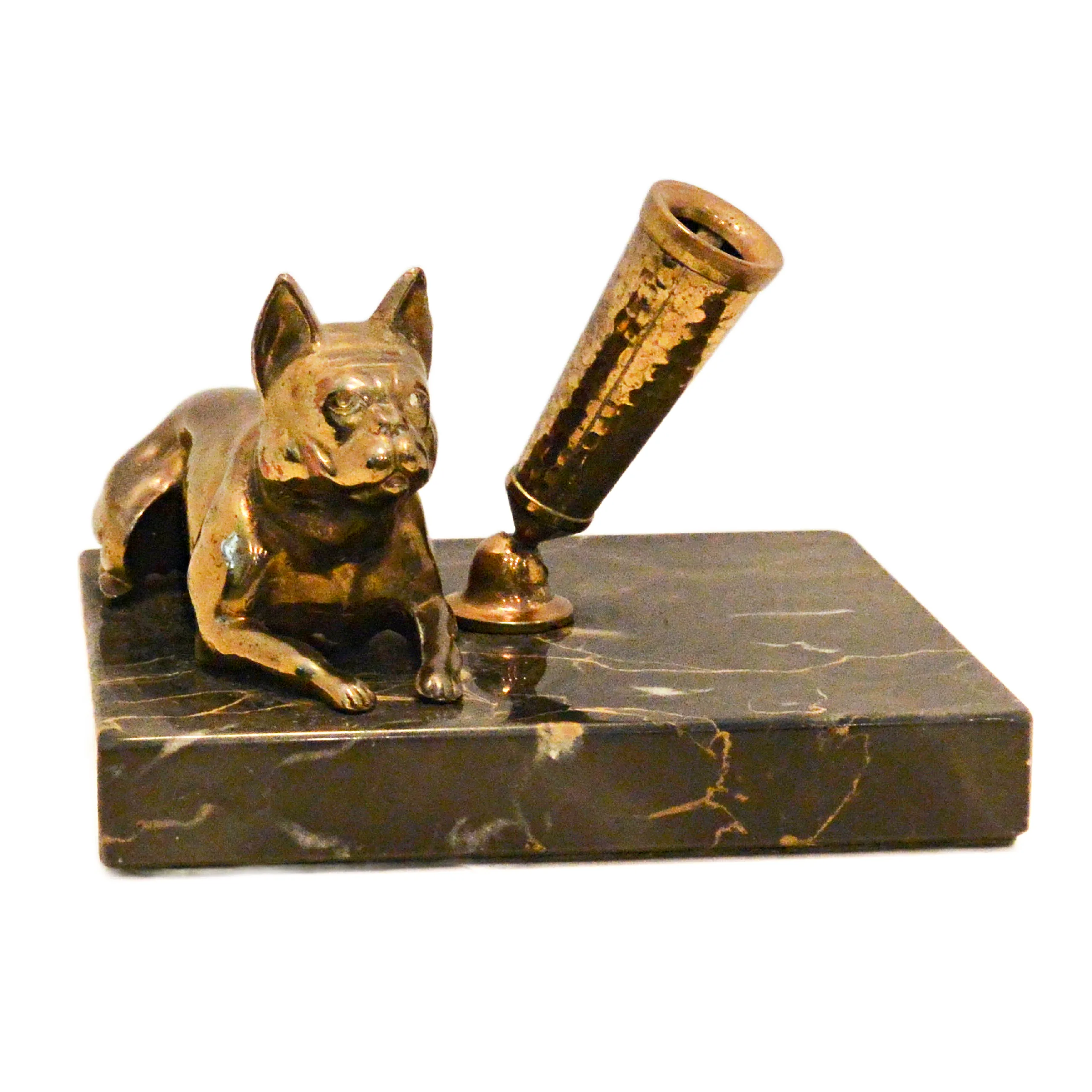 Vintage Solid Brass French Bulldog Pen Stand on Italian Portoro Gold Marble Base - Image 2