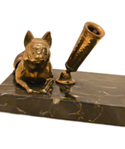 Vintage Solid Brass French Bulldog Pen Stand on Italian Portoro Gold Marble Base