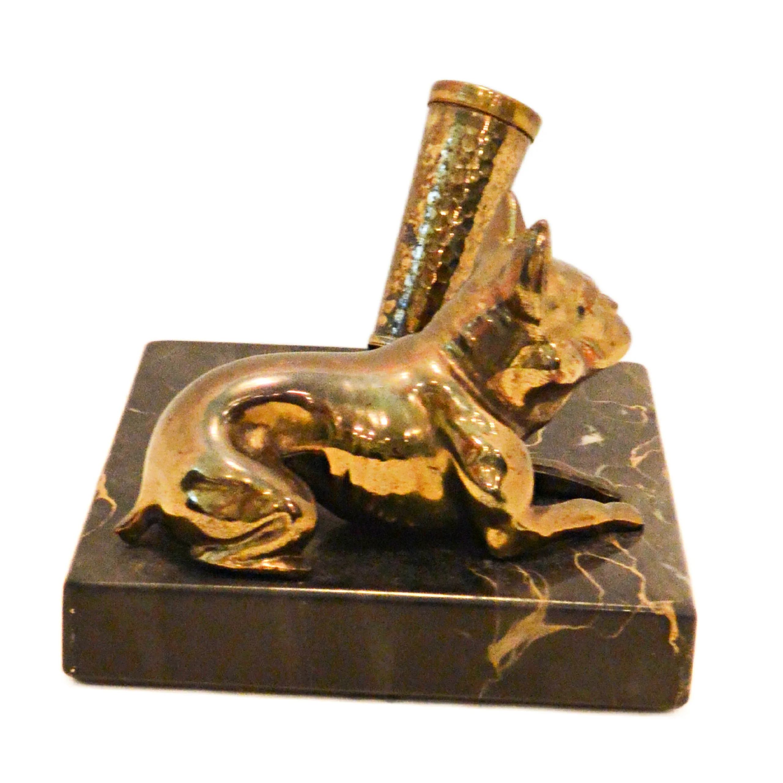 Vintage Solid Brass French Bulldog Pen Stand on Italian Portoro Gold Marble Base - Image 5