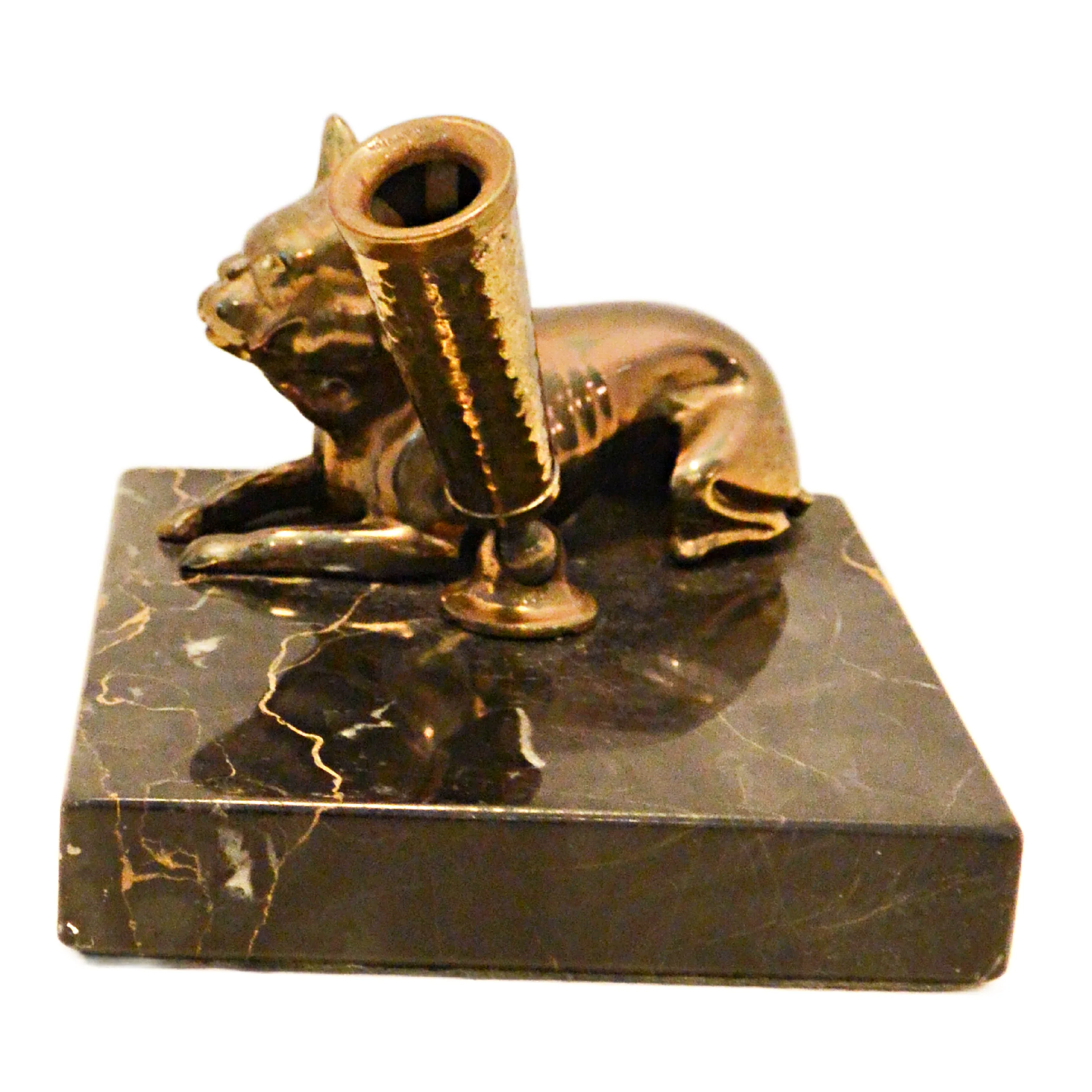 Vintage Solid Brass French Bulldog Pen Stand on Italian Portoro Gold Marble Base - Image 7