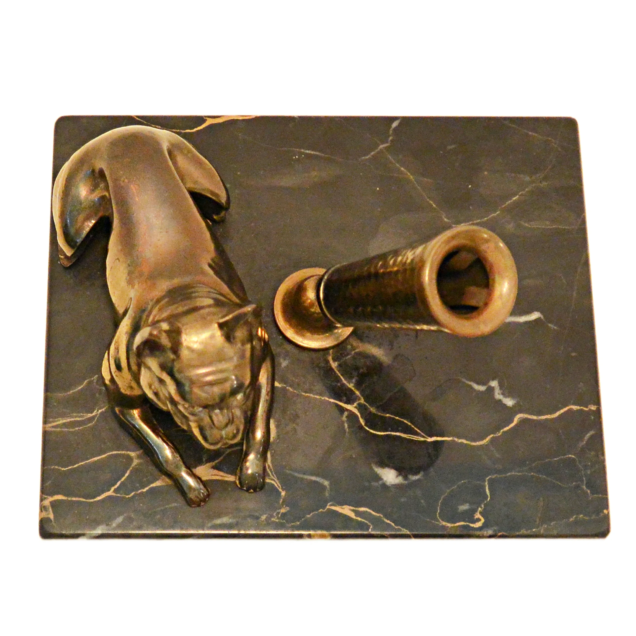 Vintage Solid Brass French Bulldog Pen Stand on Italian Portoro Gold Marble Base - Image 8