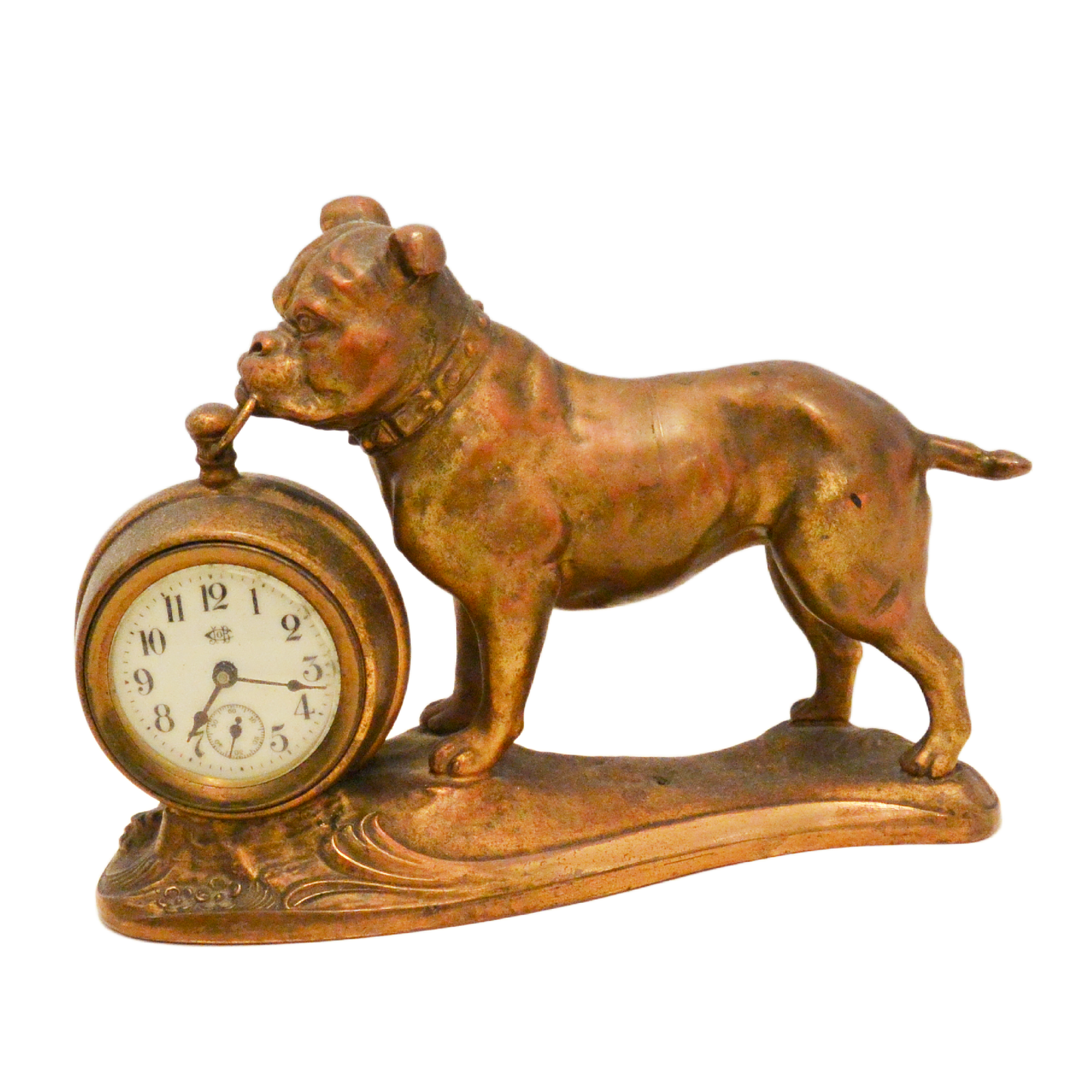 Antique Cast Bronze Patina Bulldog Mantel Clock – Turn of the Century Figural Stand