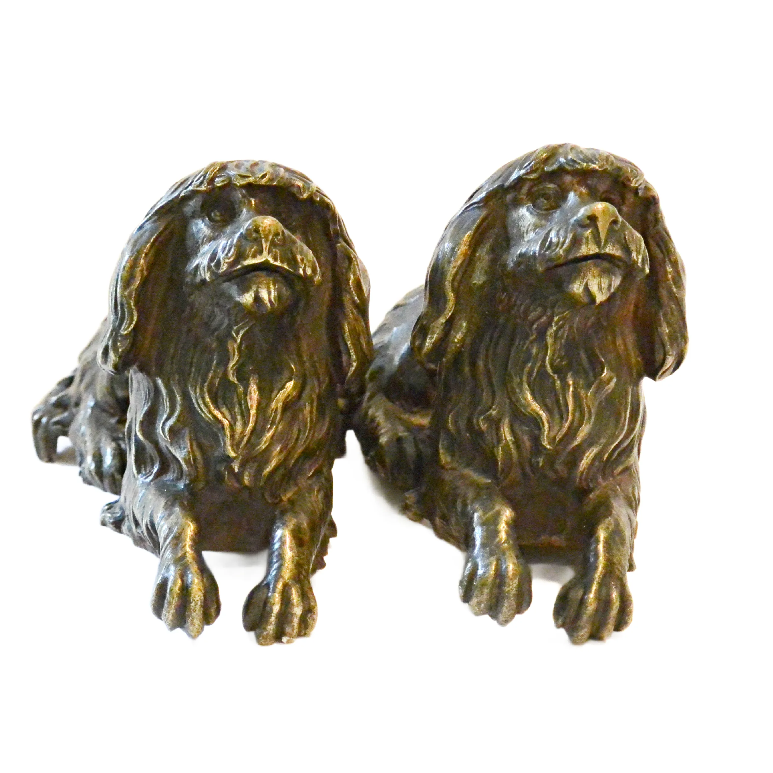 Antique Bronze Finish Cavalier King Charles Spaniel Shelf Sitter Dogs Pair &ndash; Circa Early 1900s
