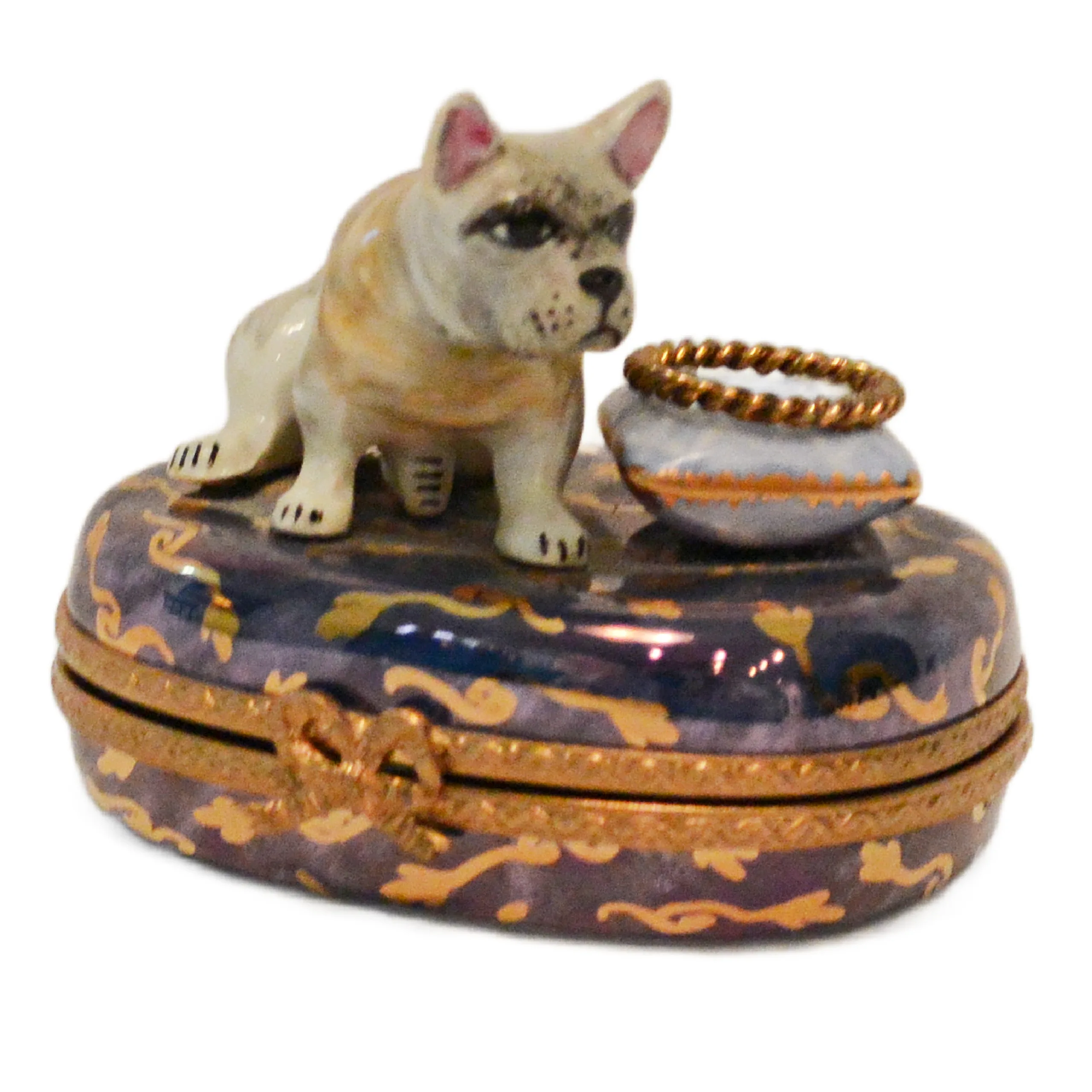 Vintage Rochard Limoges France French Bulldog & Ring Cushion Trinket Box &ndash; Peint Main