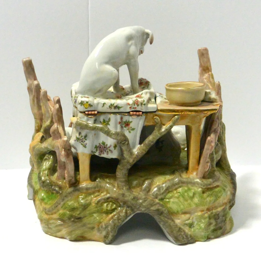Rare Antique Conta & Boehme Porcelain Dog & Puppies Figural Inkwell &ndash; Circa Early 1900s - Image 5